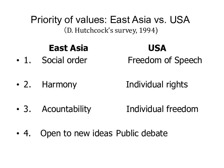 Priority of values: East Asia vs. USA （D. Hutchcock’s survey, 1994)