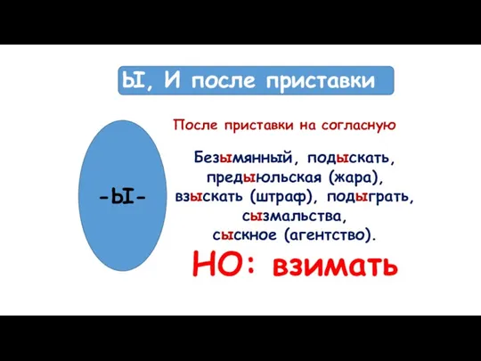 Ы, И после приставки После приставки на согласную Безымянный, подыскать, предыюльская