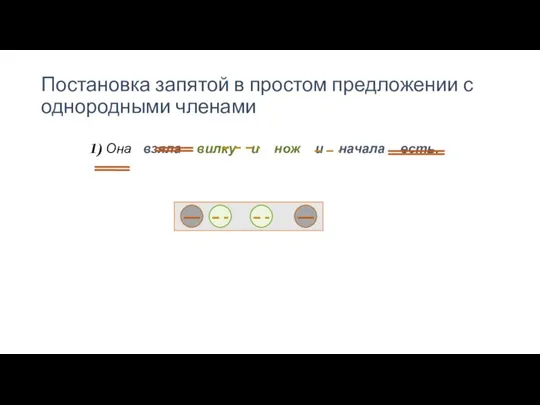 Постановка запятой в простом предложении с однородными членами Она взяла вилку и нож и начала есть.