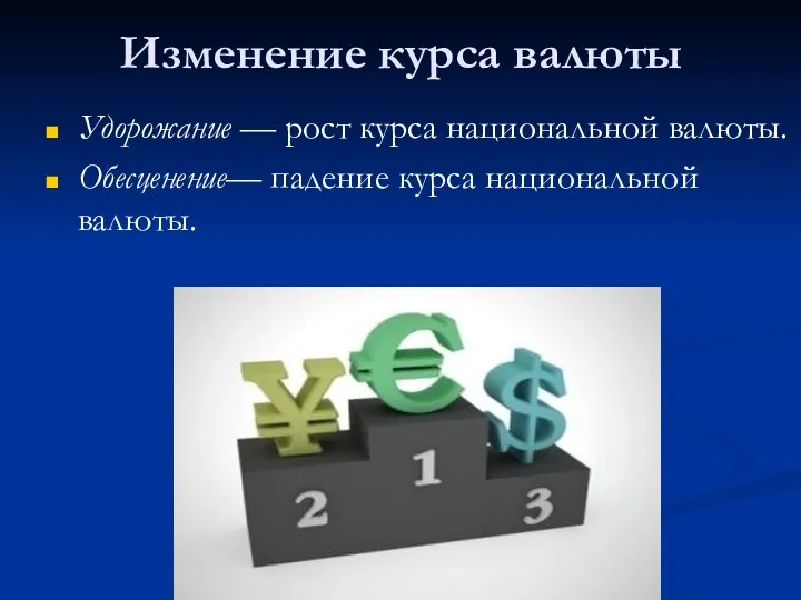 Изменение курса валюты Удорожание — рост курса национальной валюты. Обесценение— падение курса национальной валюты.