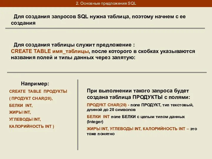 2. Основные предложения SQL Для создания запросов SQL нужна таблица, поэтому