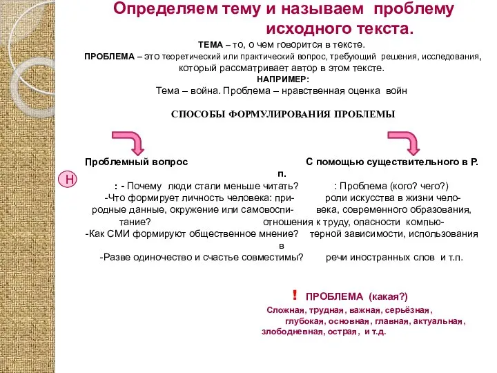 Определяем тему и называем проблему исходного текста. ТЕМА – то, о