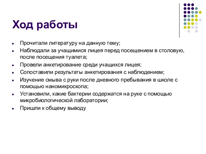 Ход работы Прочитали литературу на данную тему; Наблюдали за учащимися лицея