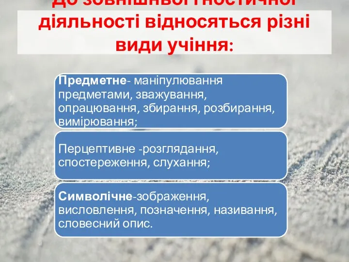 До зовнішньої гностичної діяльності відносяться різні види учіння: