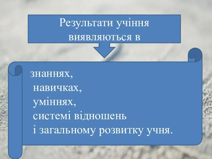 Результати учіння виявляються в знаннях, навичках, уміннях, системі відношень і загальному розвитку учня.