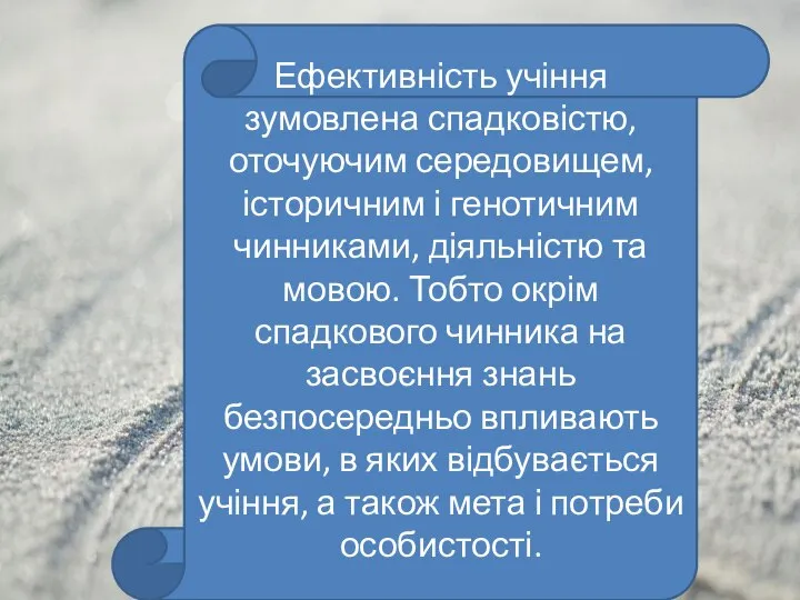 Ефективність учіння зумовлена спадковістю, оточуючим середовищем, історичним і генотичним чинниками, діяльністю