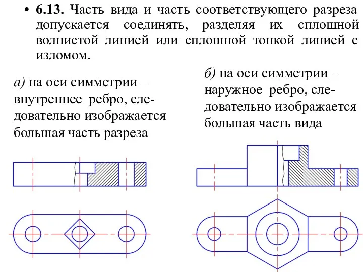 6.13. Часть вида и часть соответствующего разреза допускается соединять, разделяя их