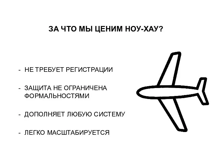 ЗА ЧТО МЫ ЦЕНИМ НОУ-ХАУ? НЕ ТРЕБУЕТ РЕГИСТРАЦИИ ЗАЩИТА НЕ ОГРАНИЧЕНА