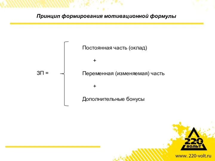 Принцип формирования мотивационной формулы ЗП = Постоянная часть (оклад) + Переменная (изменяемая) часть + Дополнительные бонусы