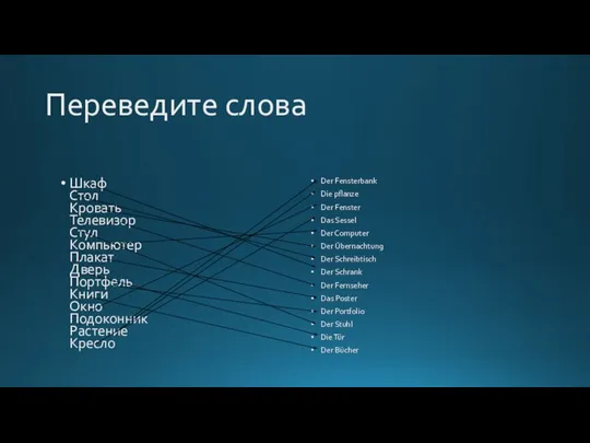 Переведите слова Шкаф Стол Кровать Телевизор Стул Компьютер Плакат Дверь Портфель