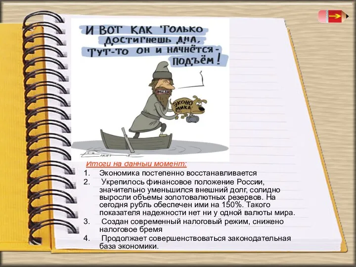 Итоги на данный момент: Экономика постепенно восстанавливается Укрепилось финансовое положение России,