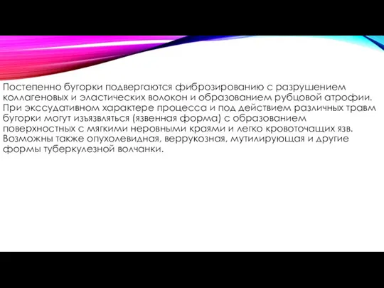 Постепенно бугорки подвергаются фиброзированию с разрушением коллагеновых и эластических волокон и