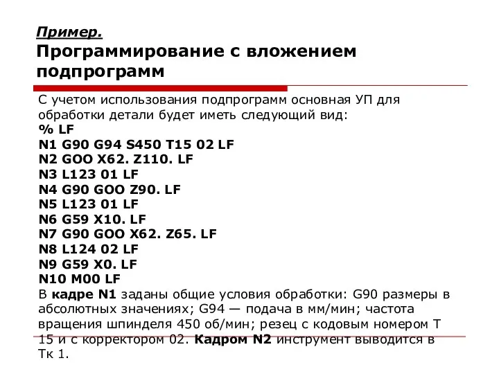 Пример. Программирование с вложением подпрограмм С учетом использования подпрограмм основная УП