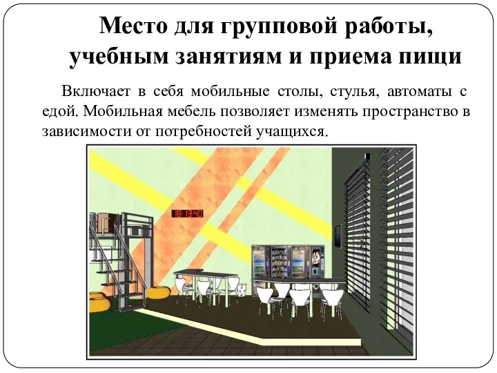 Включает в себя мобильные столы, стулья, автоматы с едой. Мобильная мебель