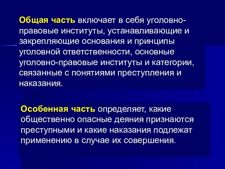 Общая часть включает в себя уголовно-правовые институты, устанавливающие и закрепляющие основания