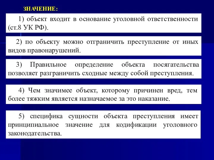 1) объект входит в основание уголовной ответственности (ст.8 УК РФ). ЗНАЧЕНИЕ: