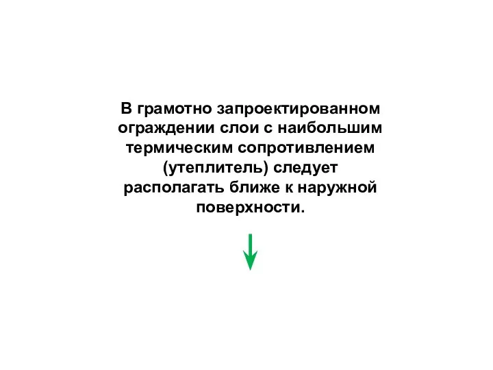 В грамотно запроектированном ограждении слои с наибольшим термическим сопротивлением (утеплитель) следует располагать ближе к наружной поверхности.