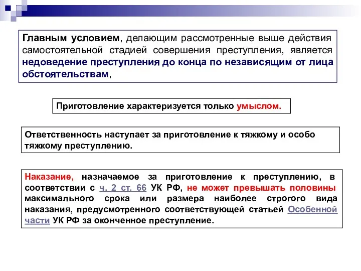 Главным условием, делающим рассмотренные выше действия самостоятельной стадией совершения преступления, является