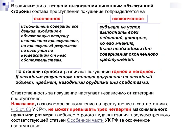 В зависимости от степени выполнения виновным объективной стороны состава преступления покушение