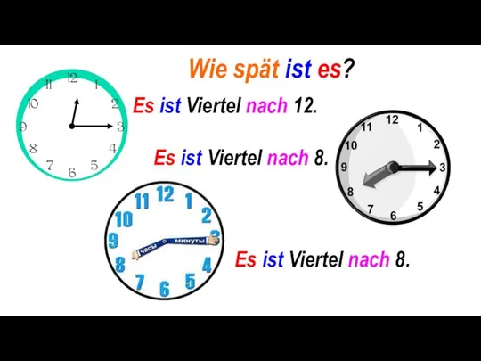 Wie spät ist es? Es ist Viertel nach 12. Es ist