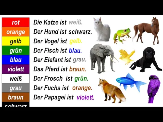 weiß. schwarz. gelb. blau. grau. braun. grün. violett. orange.