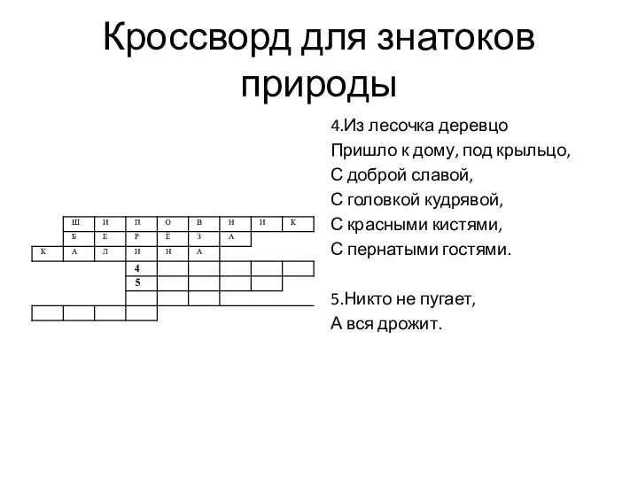 Кроссворд для знатоков природы 4.Из лесочка деревцо Пришло к дому, под