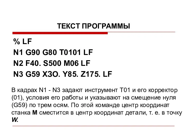 ТЕКСТ ПРОГРАММЫ % LF N1 G90 G80 Т0101 LF N2 F40.