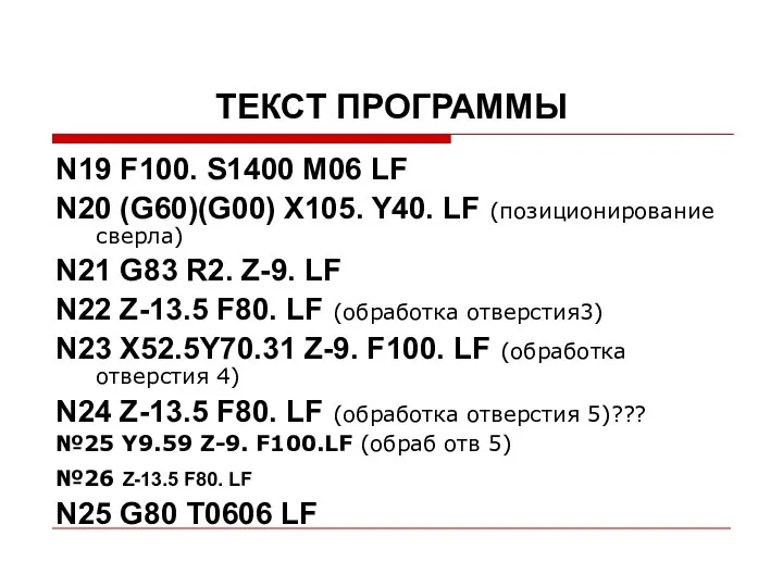 ТЕКСТ ПРОГРАММЫ N19 F100. S1400 М06 LF N20 (G60)(G00) X105. Y40.