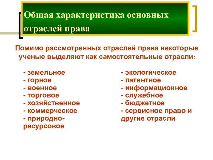 Общая характеристика основных отраслей права - земельное - горное - военное