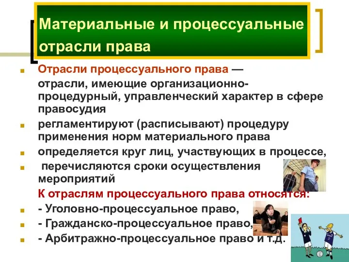 Отрасли процессуального права — отрасли, имеющие организационно-процедурный, управленческий характер в сфере