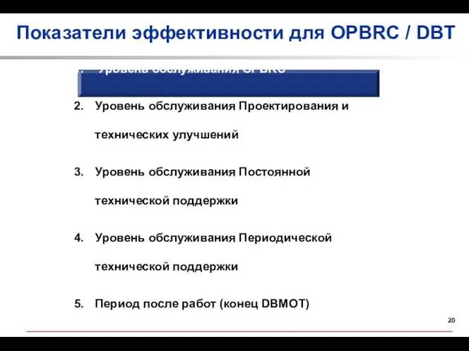 Показатели эффективности для OPBRC / DBT Уровень обслуживания OPBRC Уровень обслуживания