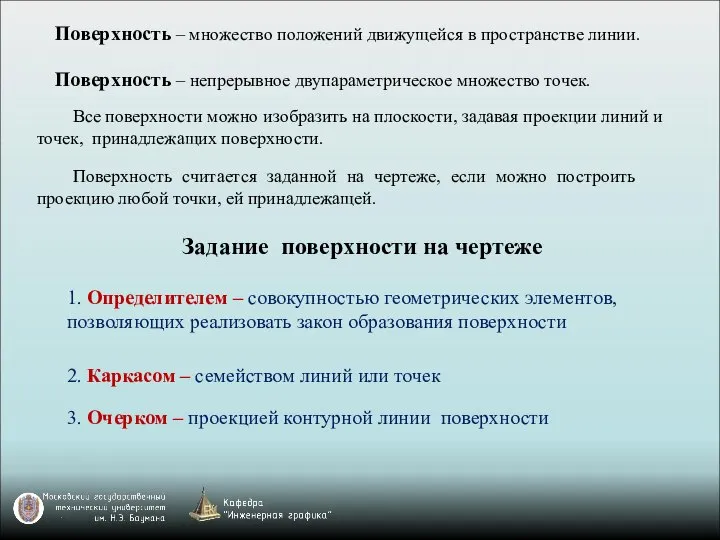 Задание поверхности на чертеже 1. Определителем – совокупностью геометрических элементов, позволяющих