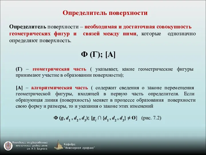 Определитель поверхности Определитель поверхности – необходимая и достаточная совокупность геометрических фигур