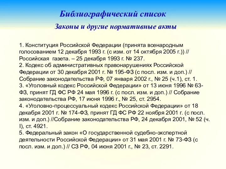 Библиографический список Законы и другие нормативные акты 1. Конституция Российской Федерации