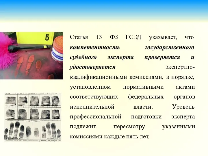 Статья 13 ФЗ ГСЭД указывает, что компетентность государственного судебного эксперта проверяется