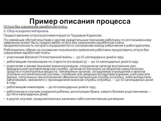 Пример описания процесса Отпуск без сохранения заработной платы. 0. Сбор исходного