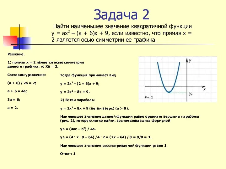 Задача 2 Найти наименьшее значение квадратичной функции y = ax2 –