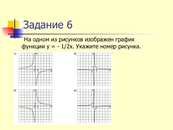 Задание 6 На одном из рисунков изображен график функции у = - 1/2х. Укажите номер рисунка.