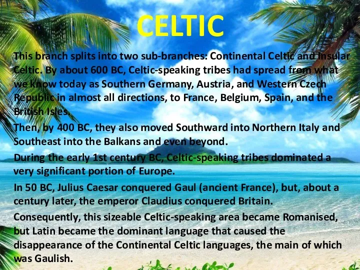 CELTIC This branch splits into two sub-branches: Continental Celtic and Insular