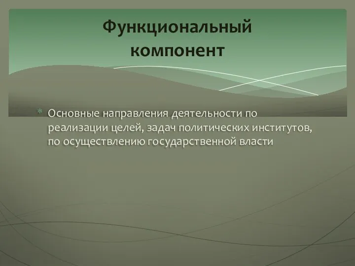 Основные направления деятельности по реализации целей, задач политических институтов, по осуществлению государственной власти Функциональный компонент