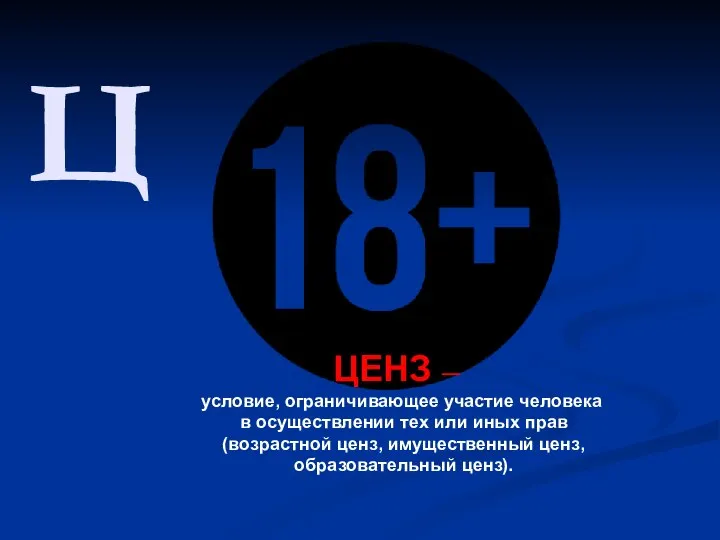 Ц ЦЕНЗ – условие, ограничивающее участие человека в осуществлении тех или