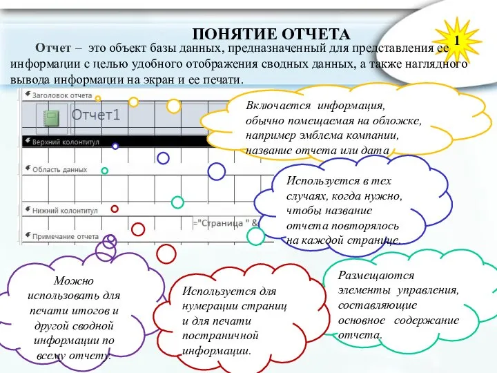 ПОНЯТИЕ ОТЧЕТА 1 Отчет – это объект базы данных, предназначенный для