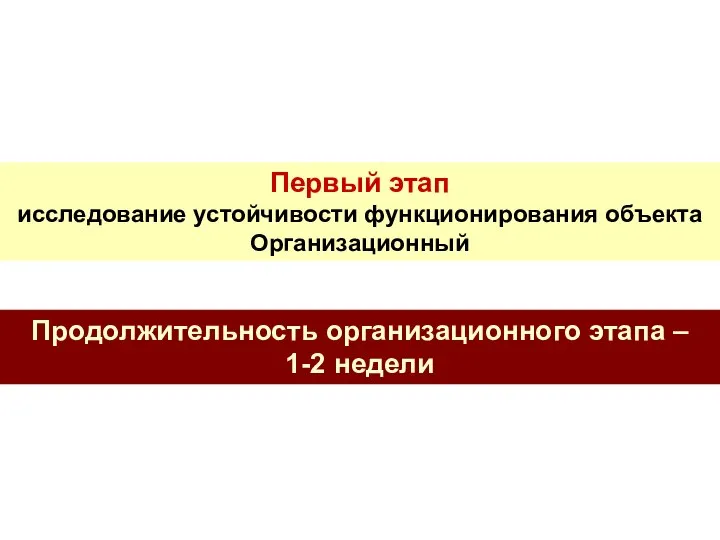 Первый этап исследование устойчивости функционирования объекта Организационный Продолжительность организационного этапа – 1-2 недели