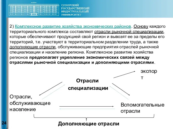 2) Комплексное развитие хозяйства экономических районов. Основу каждого территориального комплекса составляют