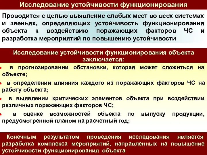 Исследование устойчивости функционирования объекта заключается: в прогнозировании обстановки, которая может сложиться