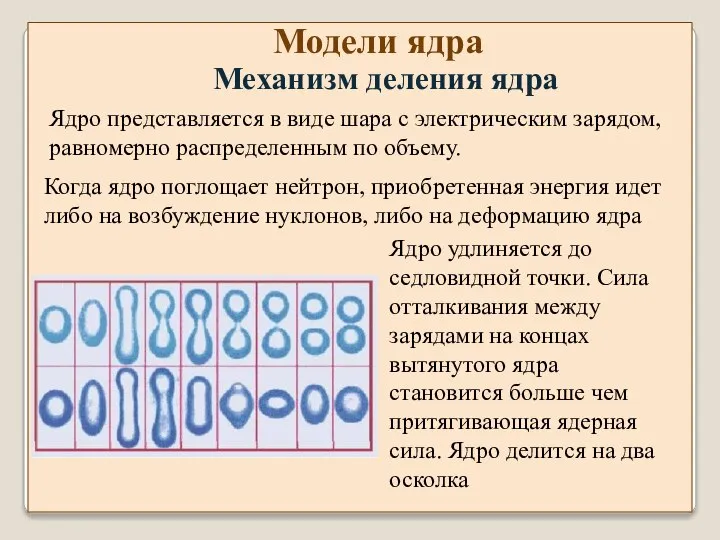 Модели ядра Механизм деления ядра Ядро представляется в виде шара с