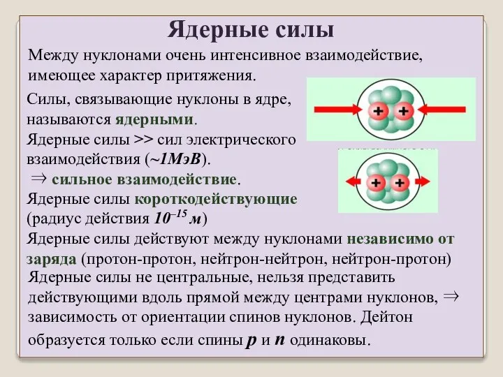 Ядерные силы Между нуклонами очень интенсивное взаимодействие, имеющее характер притяжения. Ядерные