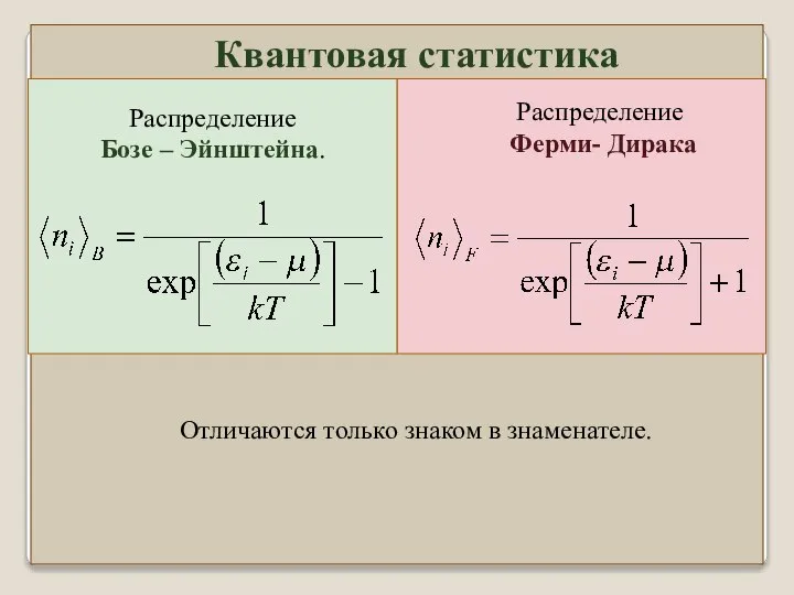 Распределение Ферми- Дирака Распределение Бозе – Эйнштейна. Отличаются только знаком в знаменателе. Квантовая статистика