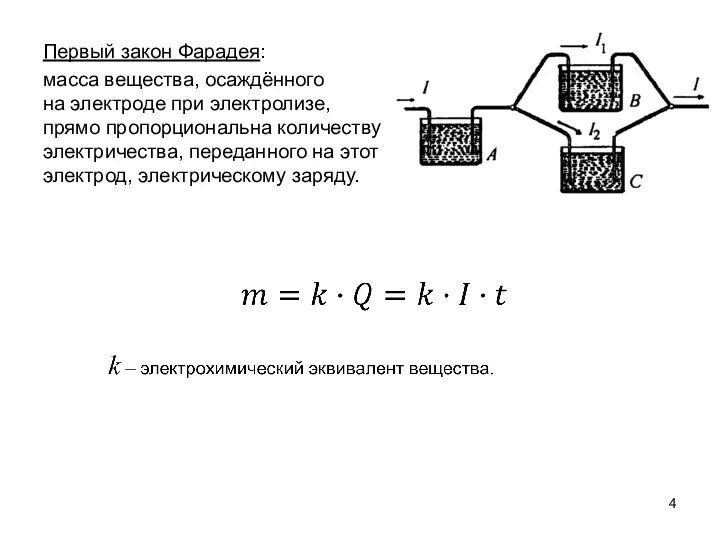 Первый закон Фарадея: масса вещества, осаждённого на электроде при электролизе, прямо