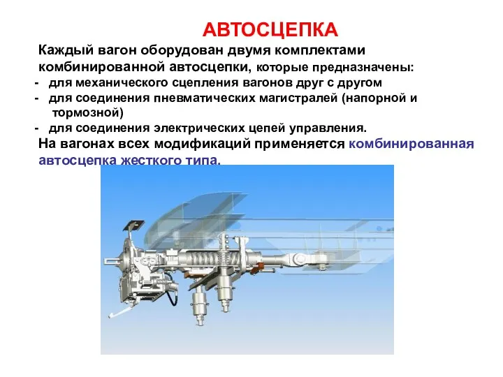 АВТОСЦЕПКА Каждый вагон оборудован двумя комплектами комбинированной автосцепки, которые предназначены: для